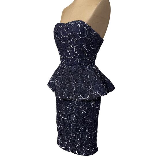Alice + Olivia Mini Dress Blue Sequin Lace Strapless Peplum Pencil - Picture 5 of 10